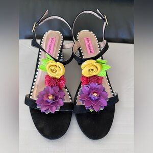 Betsey Johnson Adde Floral Embellished Black Sandals - Size 8